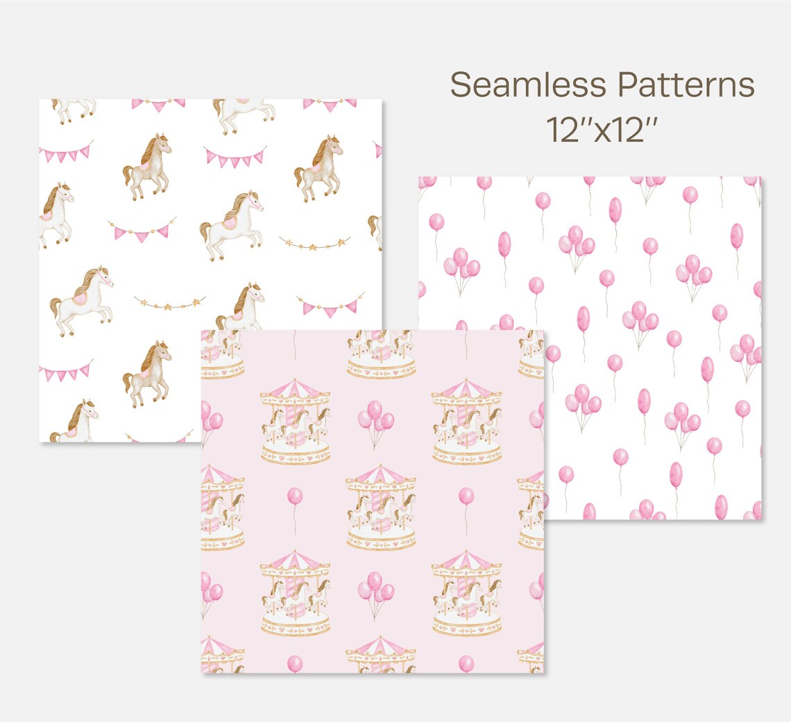 Pink Carousel Pattern Watercolor Pink Carousel Digital Papper Pack, Carousel Horse Seamless ...