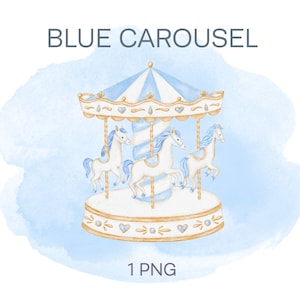 Clipart de carrossel azul aquarela, clipart de chá de bebê, cavalo de carrossel PNG, decoração de berçário