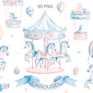 Watercolor Carousel Unicorn Clipart, Blue Carousel Horse PNG, Hot Air Balloon, Baby Shower Clipart, Nursery Decor