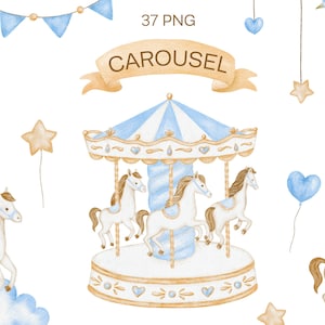 Aquarell Blau Karussell Clipart, Karussell Pferd PNG, Kinderzimmer Dekor, Baby-Dusche-Clipart