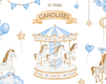 Watercolor Blue Carousel Clipart, Carousel Horse PNG, Nursery Decor, Baby  Shower Clipart - Etsy