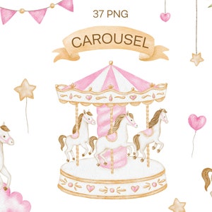 Clipart de carrossel rosa aquarela, cavalo de carrossel PNG, decoração de berçário, clipart de chá de bebê