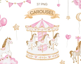 Clipart de carrousel rose aquarelle, cheval de carrousel PNG, décor de pépinière, Clipart de douche de bébé