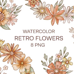 Watercolor Retro Groovy Flowers Clusters Clipart. Boho Floral Arrangements and Bouquets. 70s Flowers Clipart. Hippie PNG Clip Art.