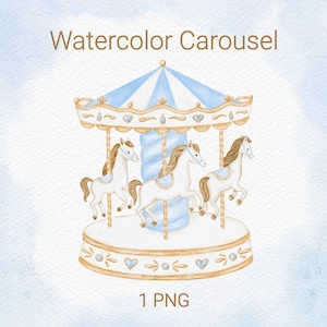 Acquerello blu carosello Clipart, Nursery Decor, carosello cavallo PNG, Baby doccia Clipart,