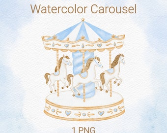 Watercolor Blue Carousel Clipart, Nursery Decor, Carousel Horse PNG, Baby Shower Clipart,