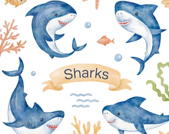 Watercolor Shark Clipart, Nursery Birthday Decorations, Baby Wall Art, Cute Animals Illustration