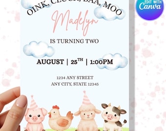 Bearbeitbare Farm Einladung - Oink, Gluck, Baa, Moo - Digitale Geburtstagseinladung - Sofortiger Download