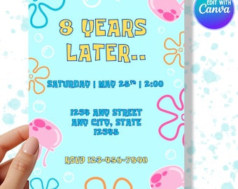 Editable Sponge Birthday Invitation - Cartoon Under the Sea - Digital Birthday Invite - Instant Download