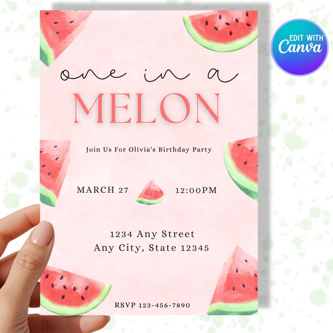 Editable One in A Melon Birthday Invitation - Digital Birthday Invite ...
