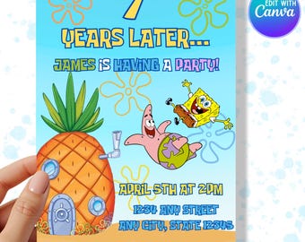 Editable Sponge Birthday Invitation - Cartoon Under the Sea - Digital Birthday Invite - Instant Download