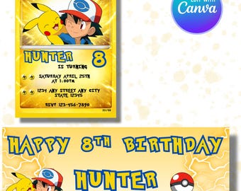 Editierbare Pokémon Geburtstagseinladung & druckbare 2 ft x 6 ft Banner Vorlage - Digitale Geburtstagseinladung und Banner - Sofort Download
