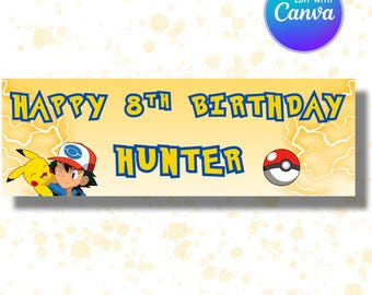 Bearbeitbares Pokémon Geburtstagsbanner - Canva Digital Download - 2 ft x 6 ft