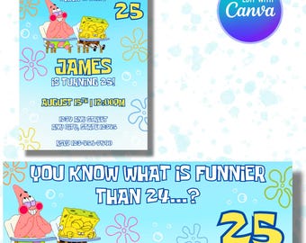 Bearbeitbarer Schwamm zum 25. Geburtstagseinladung & druckbare 2 ft x 6 ft Banner Vorlage - Digitaler Geburtstag einladen und Banner - Sofort Download