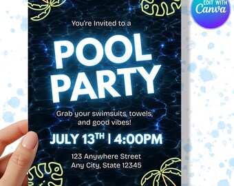 Editable Pool Party Digital Invitation - Instant Download - Neon Party Invite