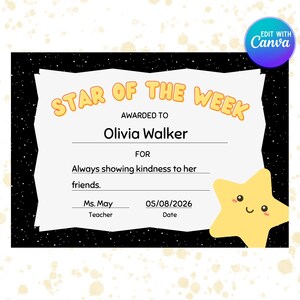 Pode incluir: Certificado "Estrela da Semana" com fundo preto estrelado. Premiado a Olivia Walker por bondade. Data: 05/08/2026, professora: Sra. May. Estrela amarela no canto inferior direito.