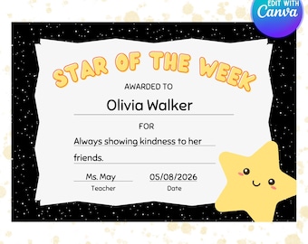 Bearbeitbares Star of the Week-Zertifikat - Printable - Studentenpreis-Vorlage - Sofortdownload