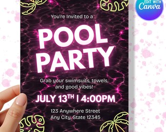 Editable Pool Party Digital Invitation - Instant Download - Neon Party Invite