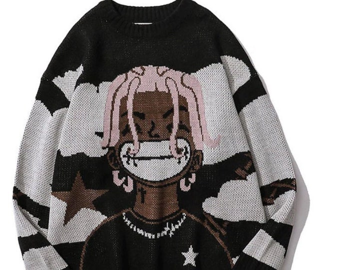 Harajuku vintage cartoon anime knitted sweater men winter oversized men's rock hip hop rap pullover women jumper ugly sweater unisex