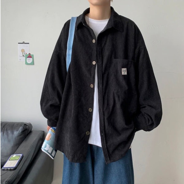 Corduroy Men Shirts For Men Clothing Harajuku Black Shirt Korean Style Men Shirt Long Sleeve Vintage Clothes Streetwear 2023