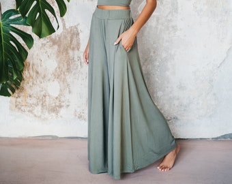 Women Bamboo Pants Elastic Waist Long Pants Lounge Casual Sustainable Loose Wide Leg Green Trousers