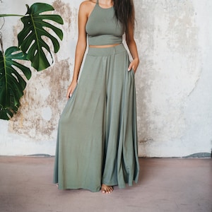 Women Bamboo Pants Elastic Waist Long Pants Lounge Casual Sustainable Loose Wide Leg Green Trousers Army Green