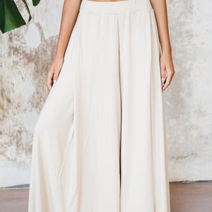 Women Bamboo Pants Elastic Waist Long Pants Lounge Casual Sustainable Loose Wide Leg Green Trousers White