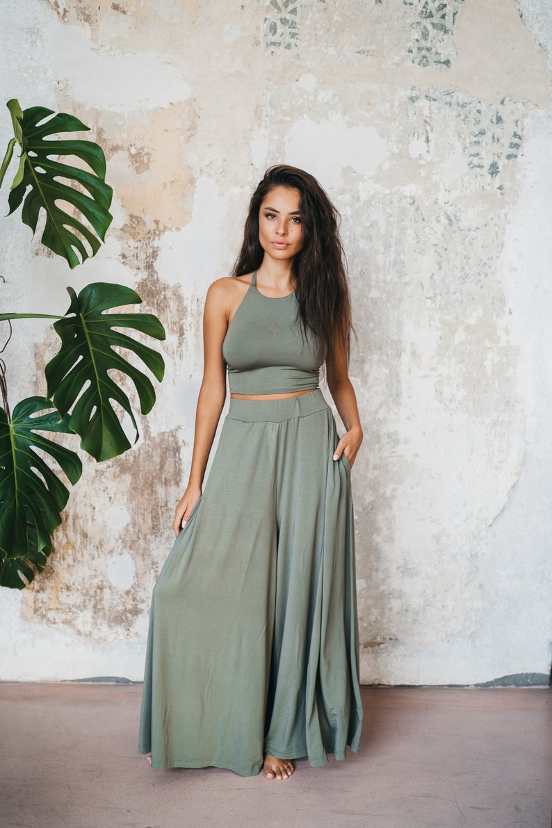 Women Bamboo Pants Elastic Waist Long Pants Lounge Casual Sustainable Loose Wide Leg Green Trousers Army Green