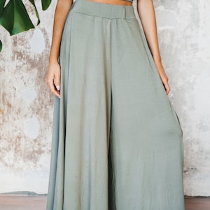 Women Bamboo Pants Elastic Waist Long Pants Lounge Casual Sustainable Loose Wide Leg Green Trousers image 4