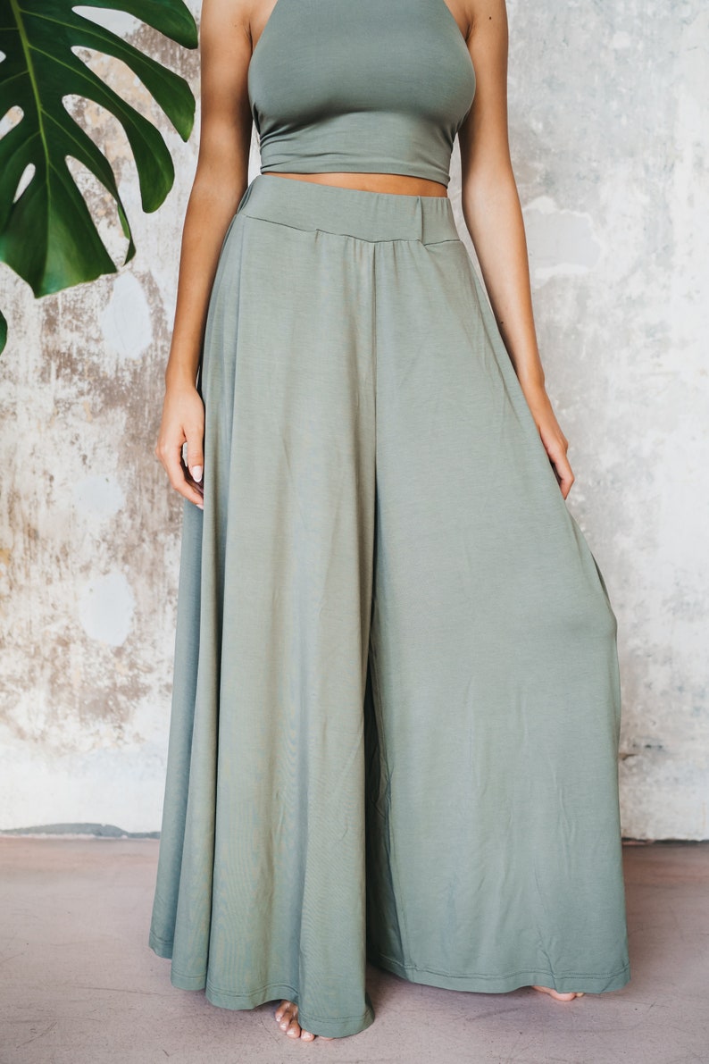 Women Bamboo Pants Elastic Waist Long Pants Lounge Casual Sustainable Loose Wide Leg Green Trousers image 4