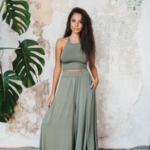 Bamboo top and pants set two piece natural lounge women wear elastic top and loose pants yoga fashion suit Army Green