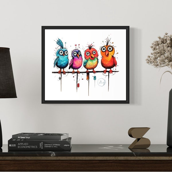 Cute Whimsical Weird Birds sitting on a Branch, Art Print, Colorful, Abstract, Vibrant, Little Bird Art, Apartment Wall Art
