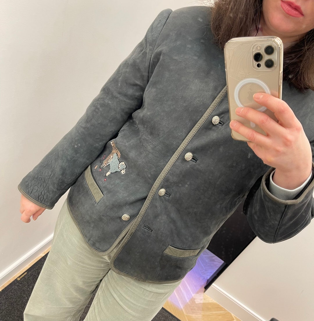 Vintage Suede Leather Jacket. Grey Color Leather With Embroidery on It