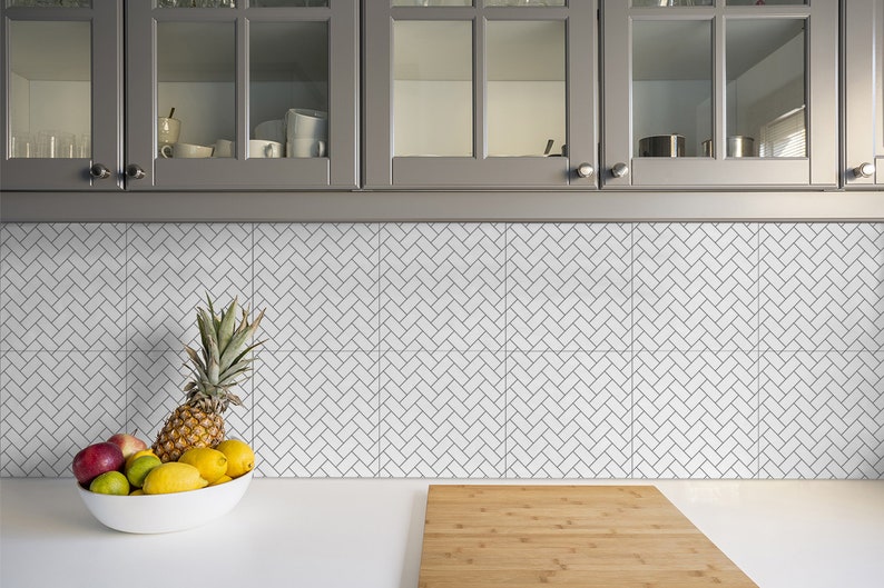 White Herringbone, Vinyl Tiles, Tile Stickers, 30x30cm Tiles, 11.8x11.8