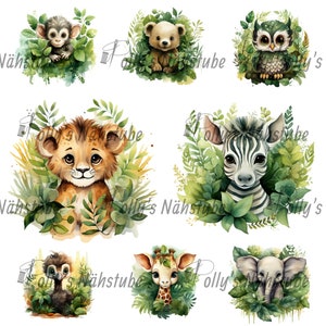Op de afbeelding: Waterverfillustraties van verschillende jungle dieren, waaronder een aap, een beer, een uil, een leeuw, een zebra, een struisvogel, een giraffe en een olifant, omringd door weelderig groen gebladerte. Elk dier is afgebeeld in zachte kleuren.
