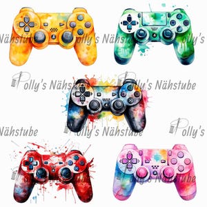 Op de afbeelding: Vier aquarel illustraties van een Playstation-controller in verschillende kleuren: geel, groen, zwart en roze. Elke controller is omringd door kleurrijke aquarelspatten.