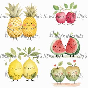 Op de afbeelding: Waterverfillustratie van verschillende vruchten met gezichten en armen. De vruchten zijn ananas, citroenen, watermeloenen, frambozen en appels. Alle vruchten lachen en houden elkaars hand vast.