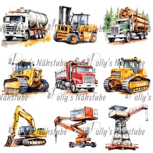 Może przedstawiać: Akwarelowe ilustracje różnych pojazdów budowlanych, w tym cysterny, wózka widłowego, ciężarówki do transportu drewna, spycharki, wywrotki, koparki i podnośnika koszowego. Pojazdy są pomalowane w jasnych kolorach.