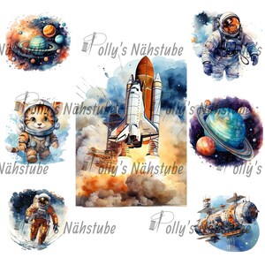 Op de afbeelding: Een set van zes aquarel illustraties met ruimtethema. De illustraties omvatten een lancerende raket, een katten-astronaut, een menselijke astronaut, een ruimtestation, een planeet met ringen en een sterrenstelsel met sterren.