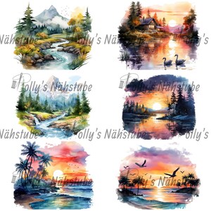 Op de afbeelding: Een set van vier aquarellen die verschillende landschappen afbeelden. De eerste afbeelding toont een bergketen met een rivier die erdoorheen stroomt. De tweede afbeelding toont een meer met een hut aan de oever en een zonsondergang op de achtergrond. De derde afbeelding toont een vergelijkbare meer-scène met een zonsondergang op de achtergrond. De vierde afbeelding toont een strand met palmbomen en een zonsondergang op de achtergrond.