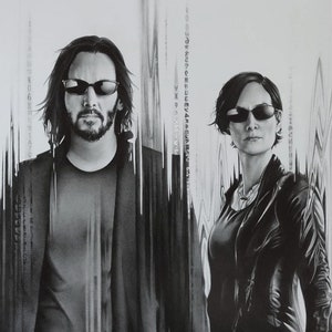 May include: Black and white drawing of two people wearing sunglasses and black clothing. The background is a white wall with black lines and text.
