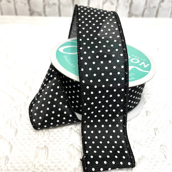 Black Swiss dot ribbon, RGO165102, black wired ribbon with white dots, 1.5 black ribbon with white swiss dots, everyday ribbon