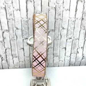 pink gold diagonal striped ribbon, RGE1673T7, pink and metallic gold ribbon, everyday ribbon, Valentine’s Day ribbon