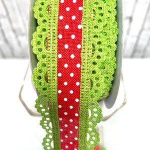Cinta navideña, RGO8869T9, cinta de lunares rojos con borde festoneado verde, cinta de primavera, cinta de verano