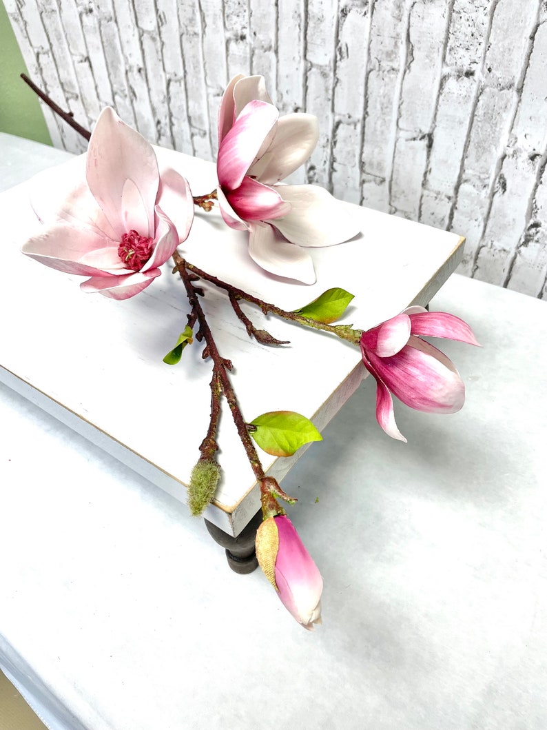 May include: A white wooden tray with a pink magnolia flower arrangement. The flowers are arranged in a natural, flowing style, with the stems extending beyond the edge of the tray. The tray is sitting on a white surface.