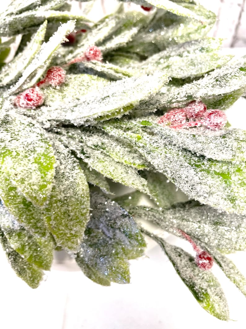 Puede incluir: Primer plano de un arreglo festivo con hojas verdes espolvoreadas con purpurina blanca y peque&ntilde;as bayas rojas. Las hojas tienen un aspecto esmerilado, creando una est&eacute;tica invernal. El arreglo es probablemente para la decoraci&oacute;n de temporada.