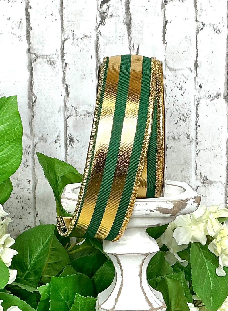 Hunter Strong Ribbon Hunter Green and Metallic Gold Stripes Ribbon - Etsy
