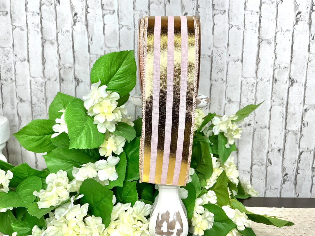 Pink Ribbon Metal Pale Pink Ribbon With Metallic Gold Stripes, 2.5”x10yd - Etsy