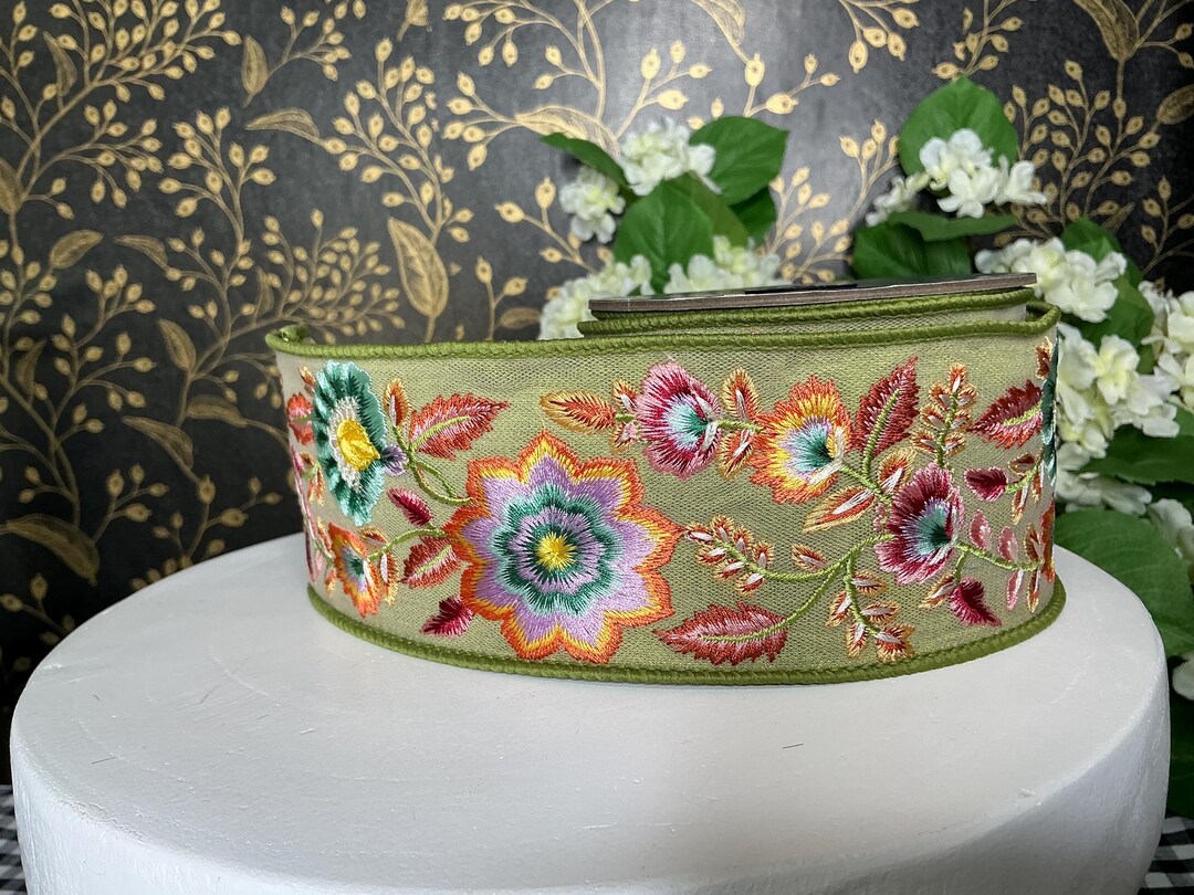 Green Ribbon With Embroidered Flowers - Farrisilk - Etsy