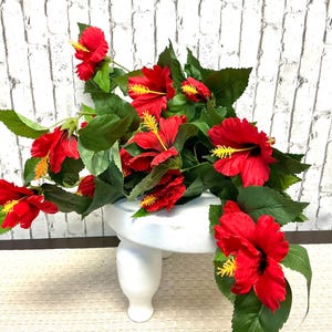 Red Hanging Hibiscus plant, UV treated, 27”